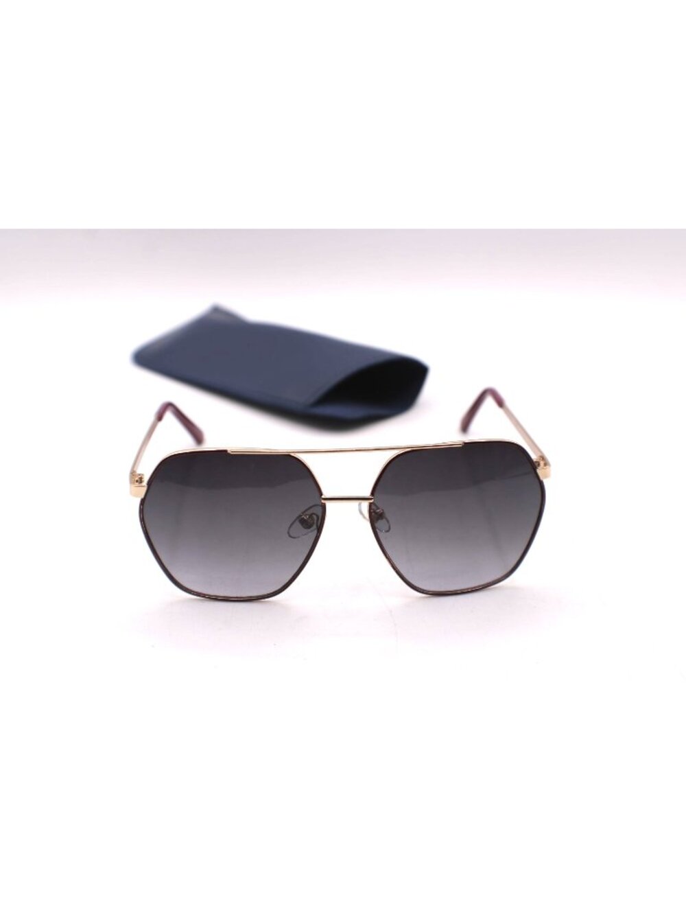 Foster Grant Sunglasses Gold Red Hexagon Frames Dark Gray Lenses Soft Case Vtg
